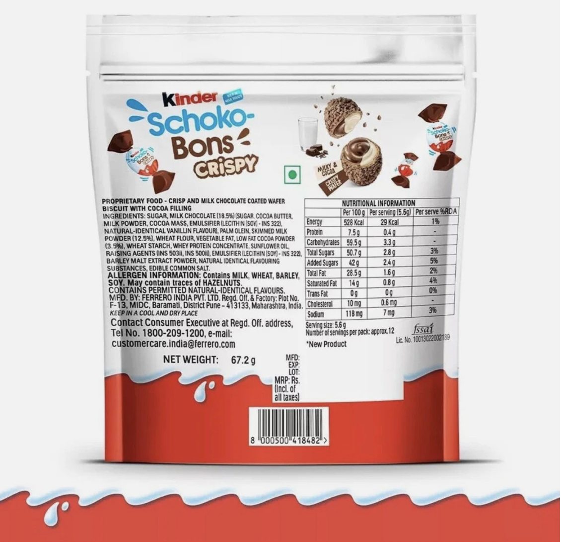 Kinder Schoko-Bons Crispy – Bomboane de ciocolata cu lapte si umplutura crocanta, 12 bucati, 67.2 g
