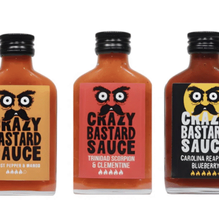 Set 3 sosuri picante Crazy Bastard, Ghost Pepper & Mango, Trinidad Scorpion & Clementine, Carolina Reaper & Blueberry, 3x100ml