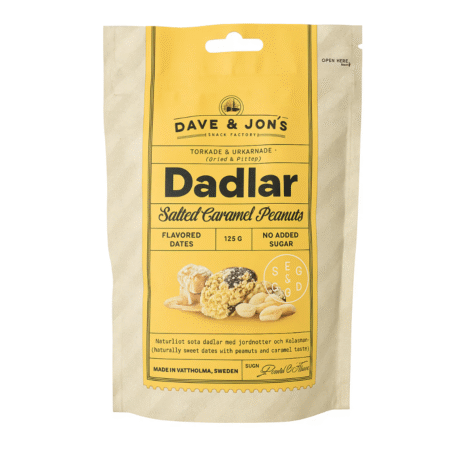 Curmale fara samburi cu aroma de caramel sarat si bucati de arahide – fara zahar adaugat (125 g) DAVE&JON'S