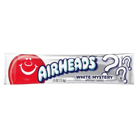 Airheads White Mystery – Baton de bomboană masticabilă cu aromă surpriză, 15 g