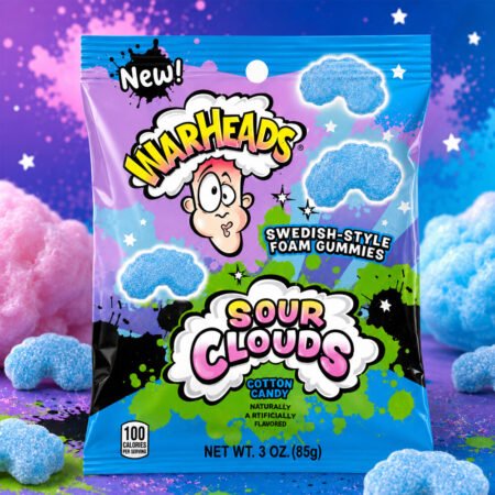 Jeleuri gutoase acre Warheads Sour Clouds Cotton Candy, aroma de vata de zahar, 85g